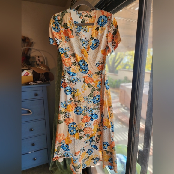 Women's Floral High Low Maxi Wrap Dress Short Sleeve V Neck Flowy Front Slit Tie - Picture 3 of 5